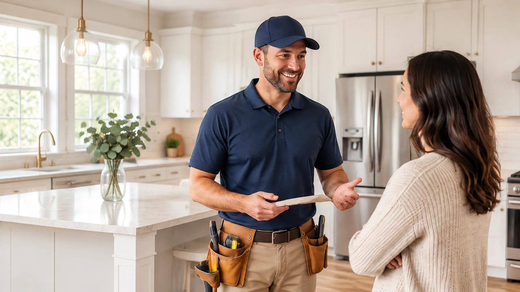 FineBuild contractor discussing a home renovation with a homeowner in a bright kitchen